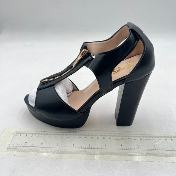 FSJ Black Peep Open Toe T-Strap Front Zipper Chunky Stacked High Heel Sandal - Picture 2 of 8